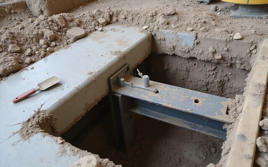 Close-up of an open pier excavation at a slab grade beam showing the bracket and exposed concrete edge