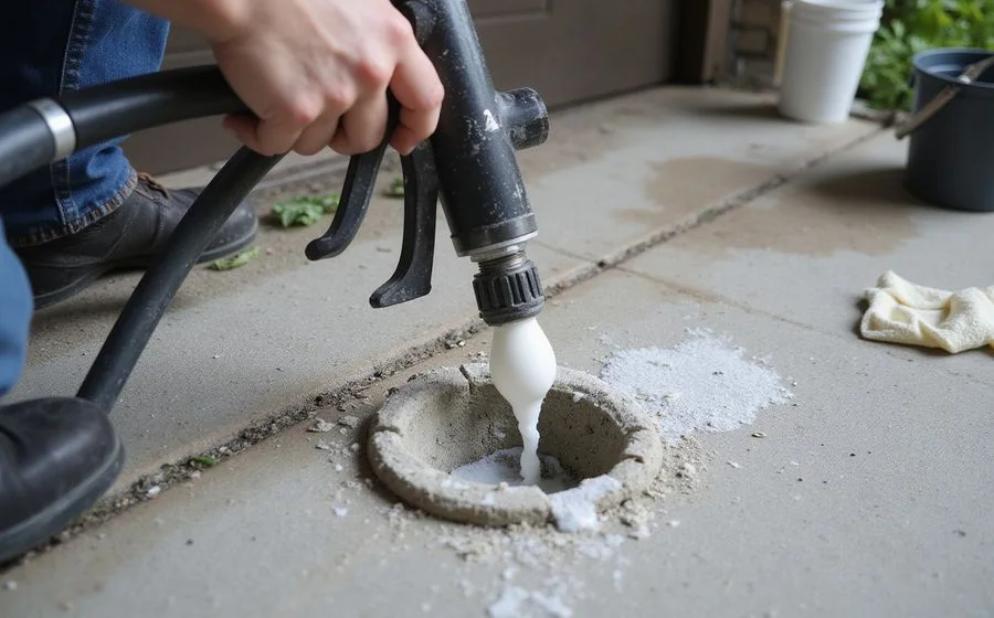 Polyurethane foam injection equipment with a hose connected to a drilled port in a concrete sidewalk panel