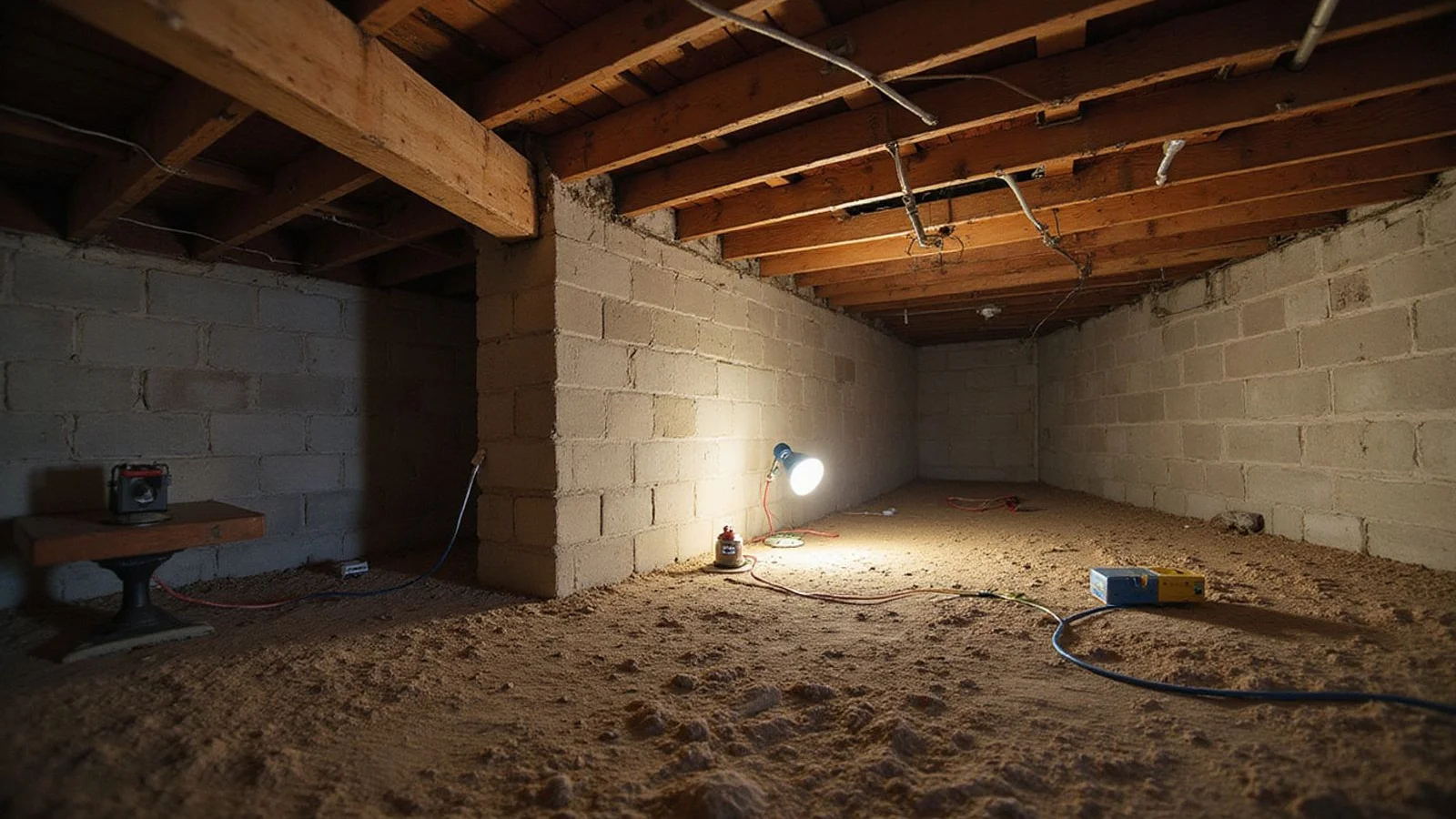 Crawlspace beneath an older Fort Worth Craftsman home showing timber girders, floor joists and a masonry pier
