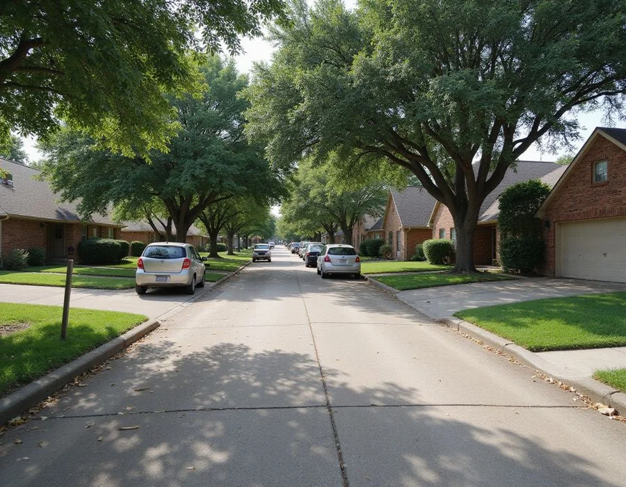 Quiet North Texas residential street with brick homes and established front gardens
