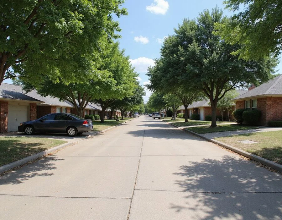 Residential street in the Fort Worth area with established brick homes and mature trees