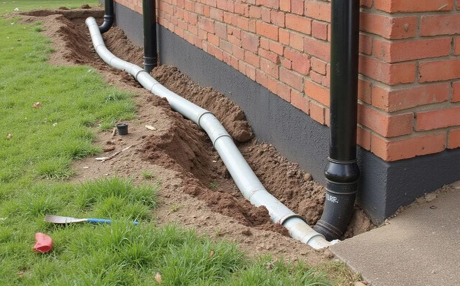 Downspout connected to buried solid pipe routing roof water away from a brick foundation wall