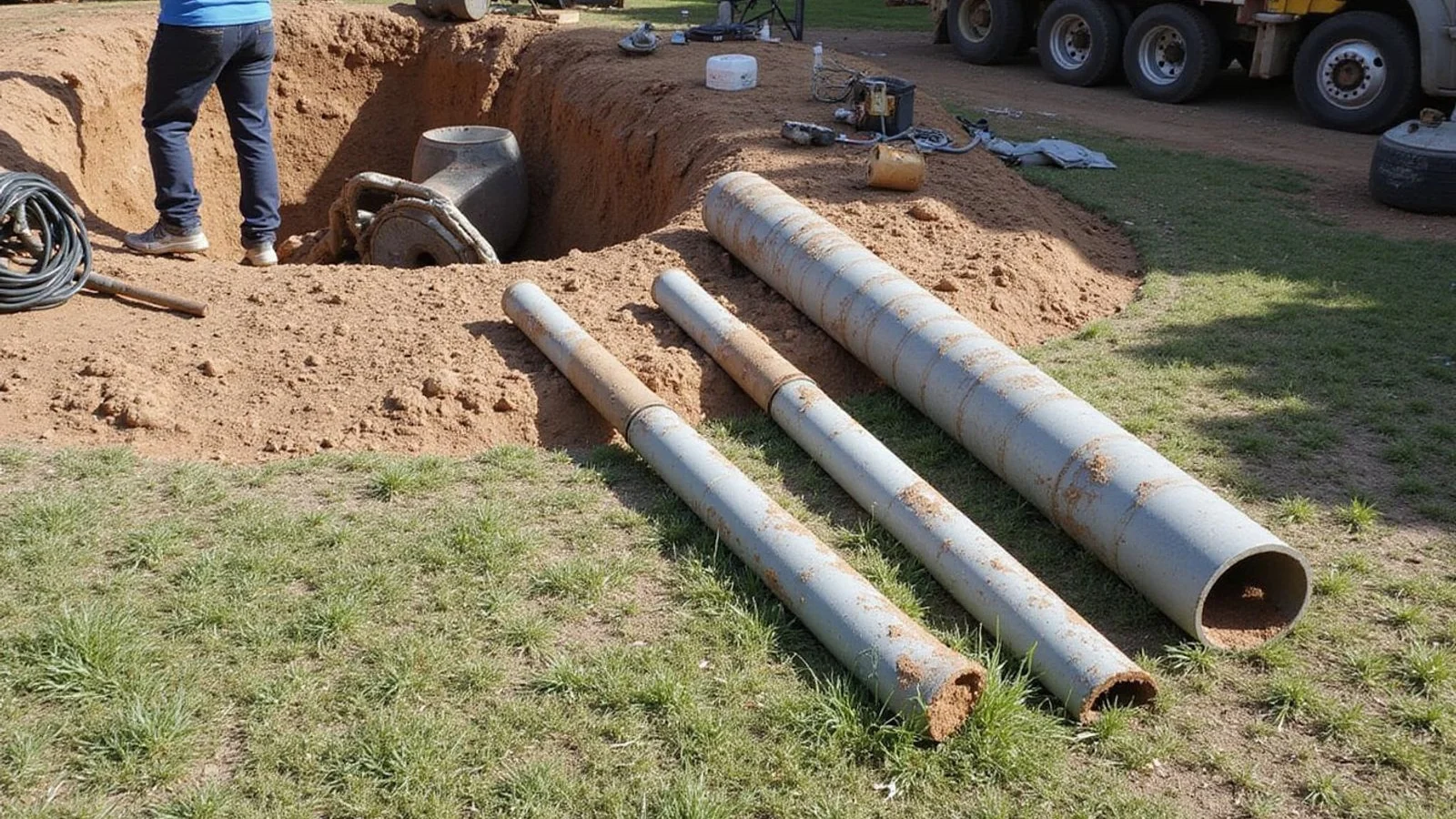 Driven steel pier sections and pressed concrete cylinders laid out beside an open foundation excavation