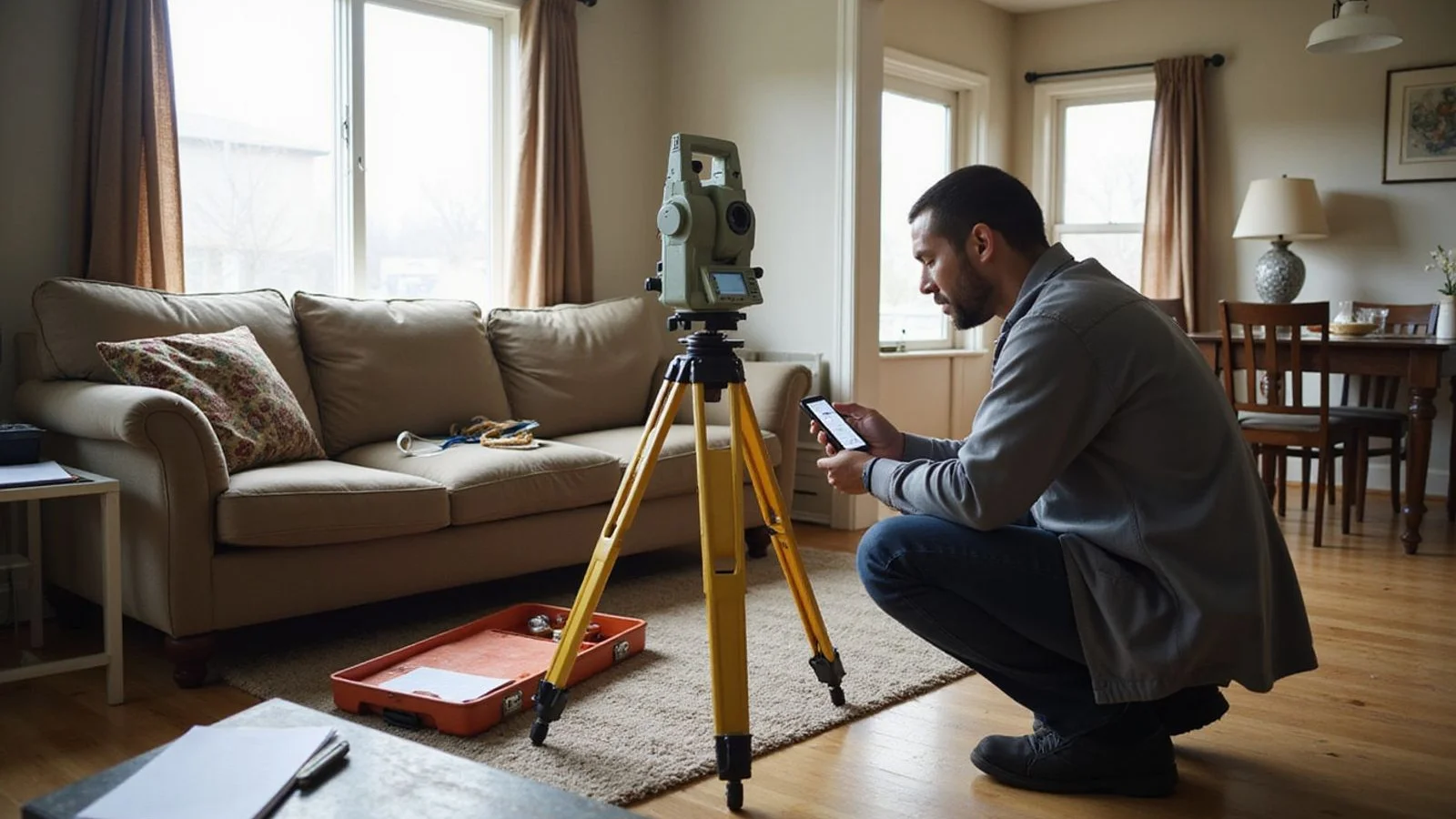 Evaluator taking a relative elevation reading across the living room floor of a Fort Worth home