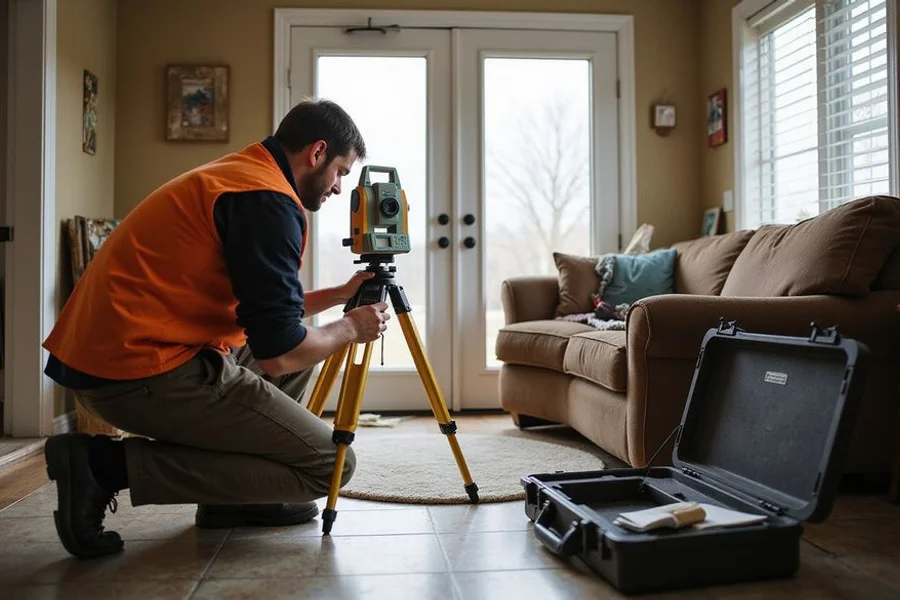 Evaluator taking a relative elevation reading inside a North Texas home