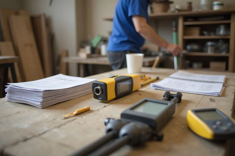 Foundation evaluation equipment and printed reports laid out on a workshop bench