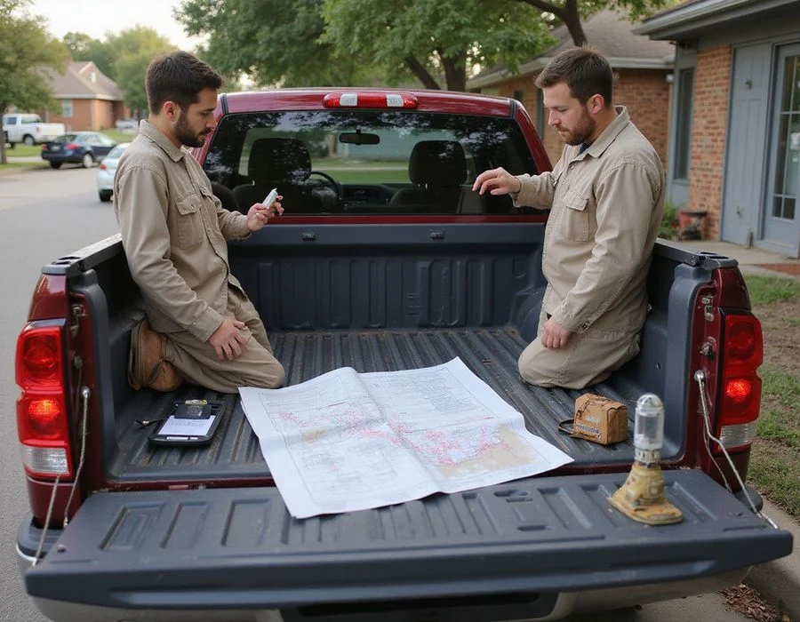 Foundation evaluation team reviewing an elevation diagram outside a Fort Worth home