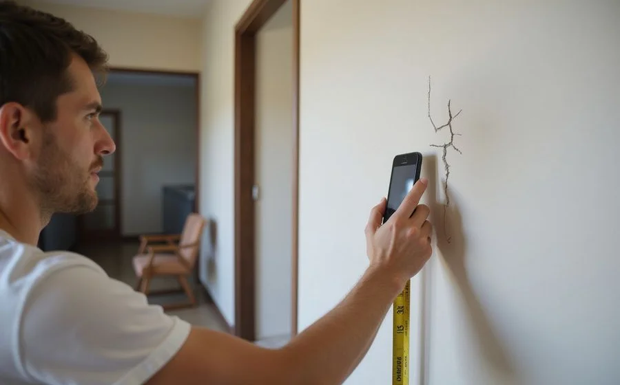 Homeowner photographing an interior wall crack with a tape measure held against it for scale