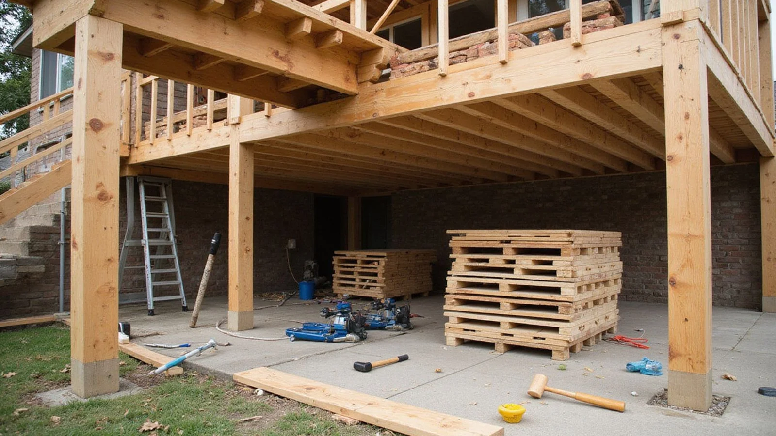 Hydraulic jacks and cribbing set beneath the edge of a timber-framed home during a controlled leveling operation