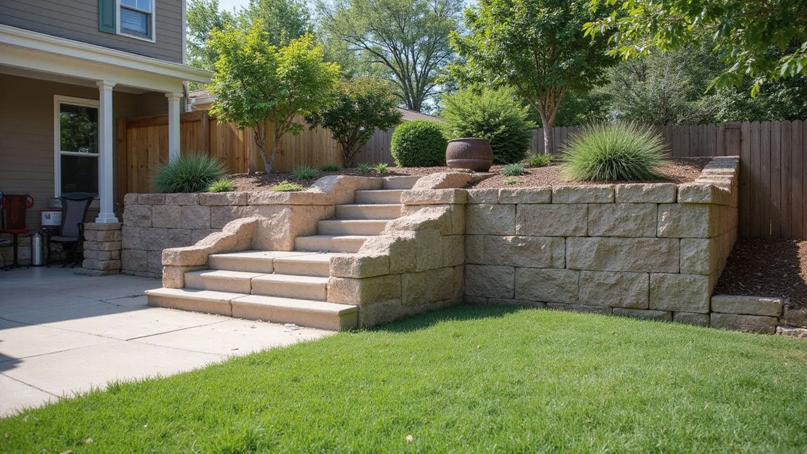 Leaning segmental block retaining wall in a sloped back garden with a visible bulge and separated joints