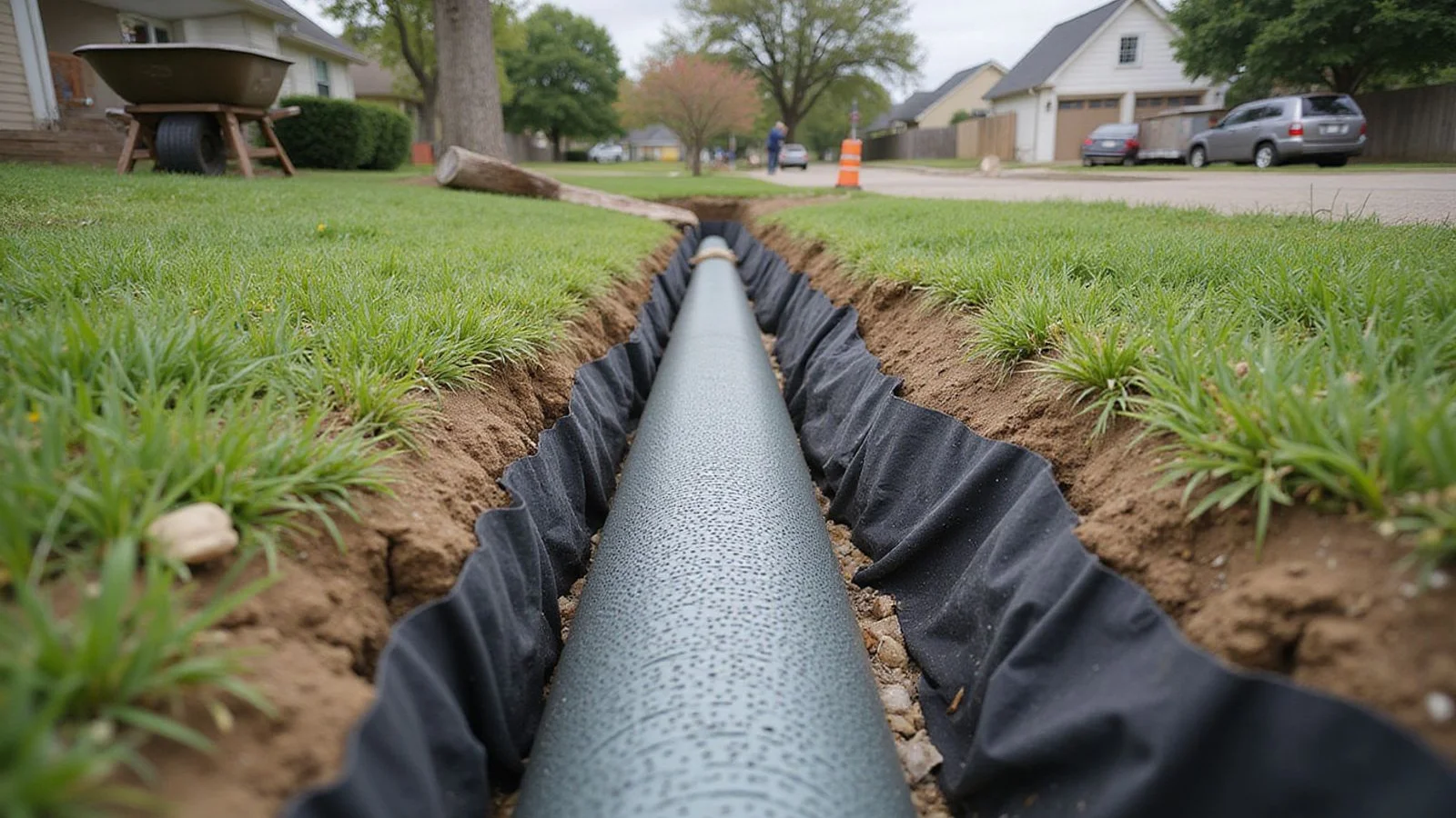 Open french drain trench beside a home with perforated pipe, filter fabric and aggregate being placed
