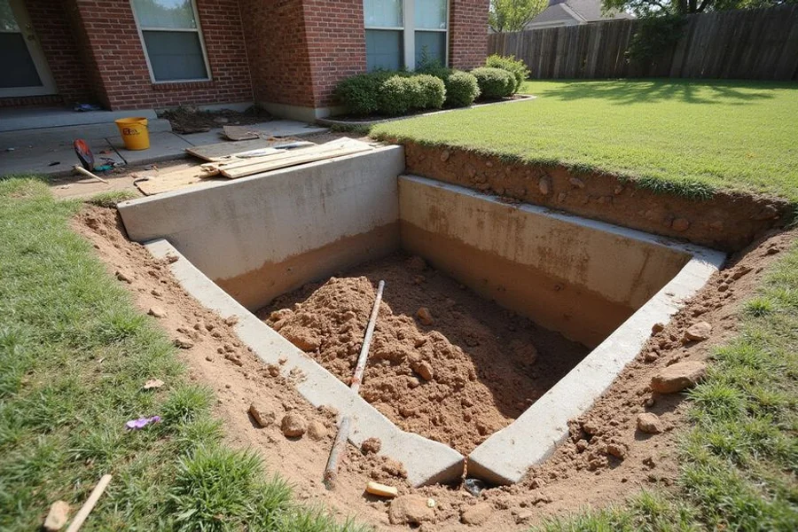 Open pier excavation beside the perimeter of a North Texas brick home