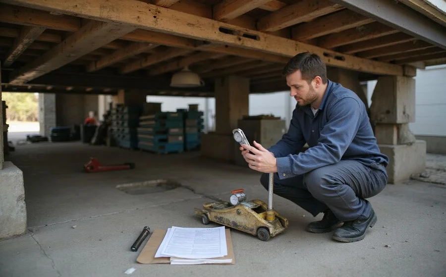 Operator checking an elevation reading during an incremental house lift