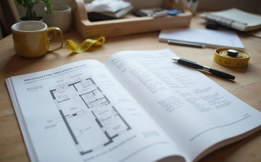 Printed foundation evaluation report with an elevation diagram and handwritten notes on a kitchen table