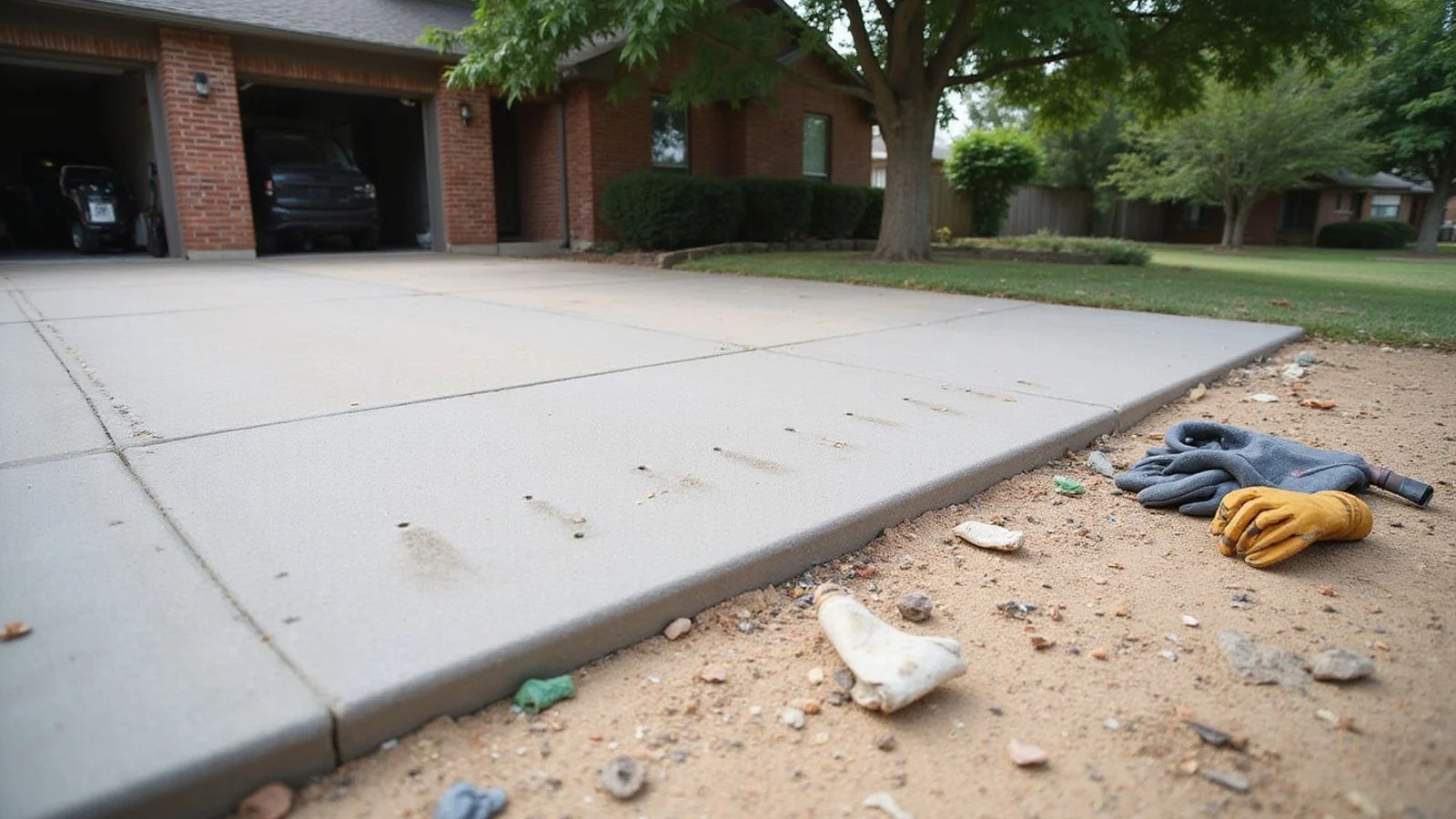Settled concrete driveway panel showing a height difference at the joint with injection ports drilled