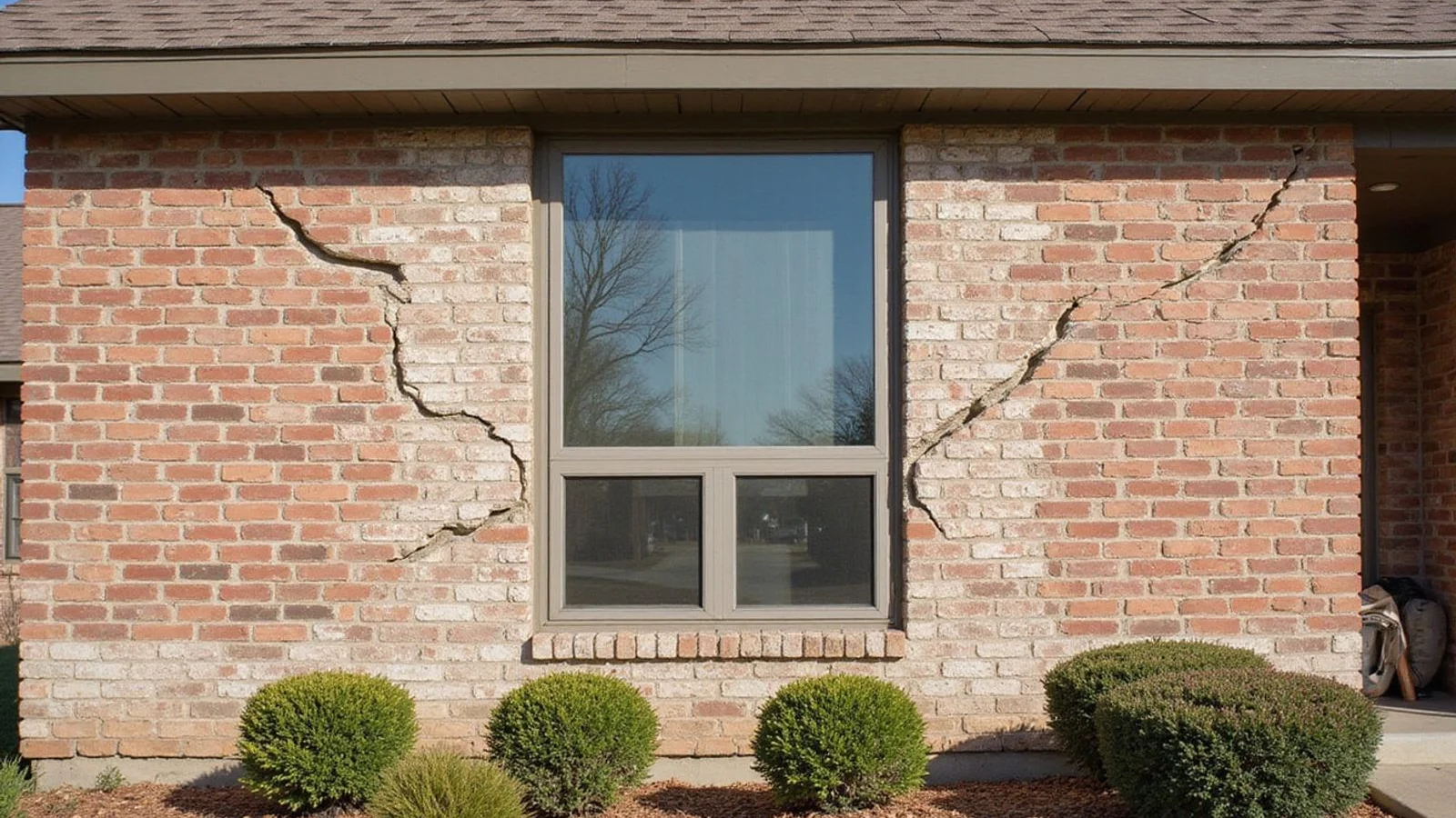 Stair-step crack running through mortar joints in the brick veneer of a Fort Worth home above a window