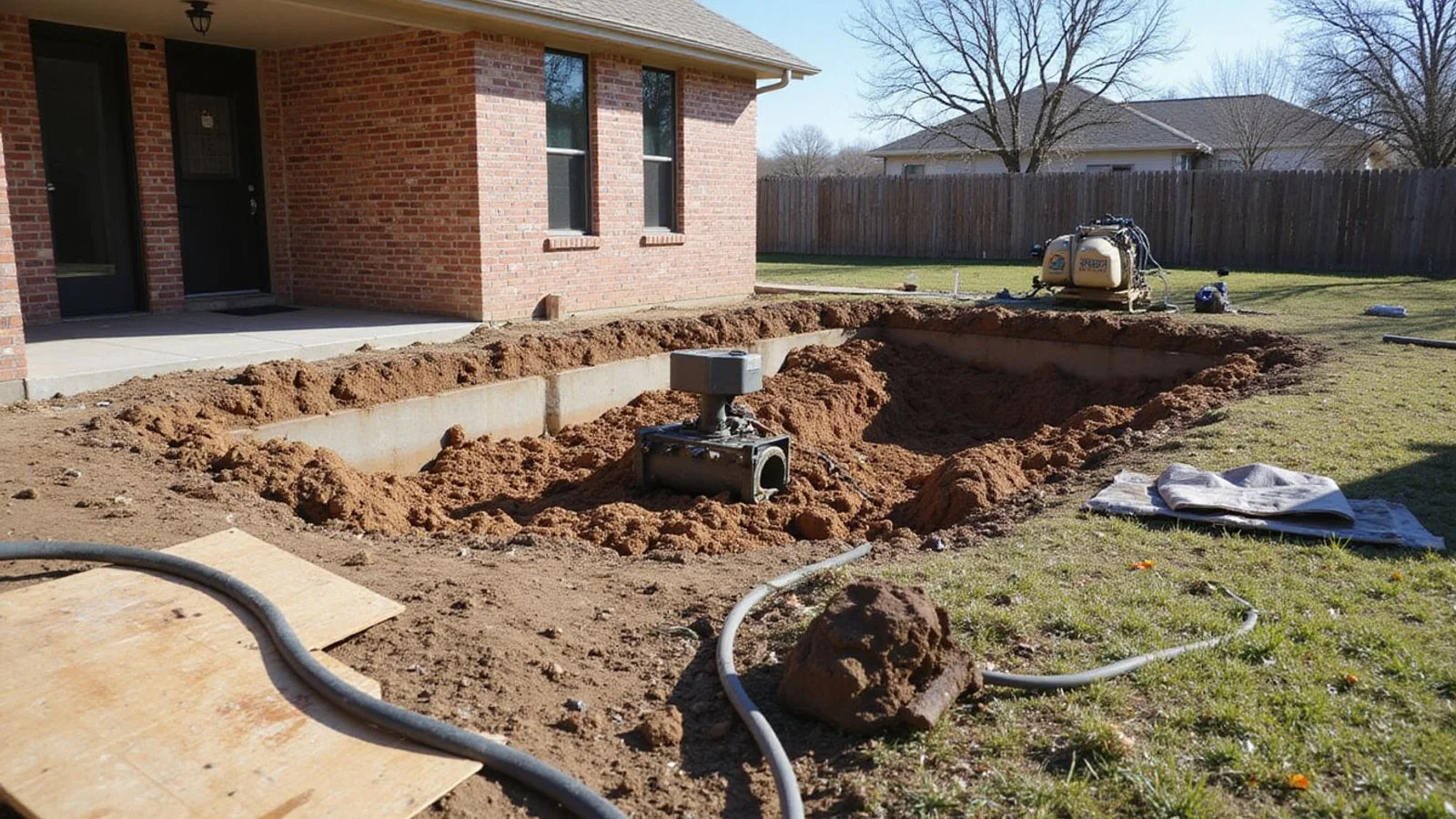 Steel pier installation beside the perimeter grade beam of a Fort Worth brick ranch home with an open excavation