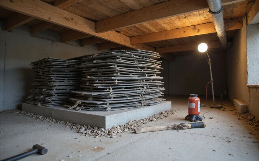Steel shims on a concrete pad beneath a timber carry girder in a crawlspace with a jack in place