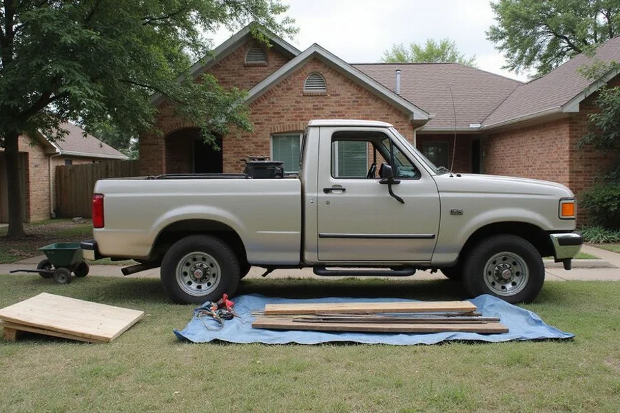 Work truck parked outside an established Fort Worth brick home with tools staged beside it